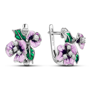 Graceful Wisteria Sinensisl Enamel Zirconia Sterling Silver Latch Back Earrings